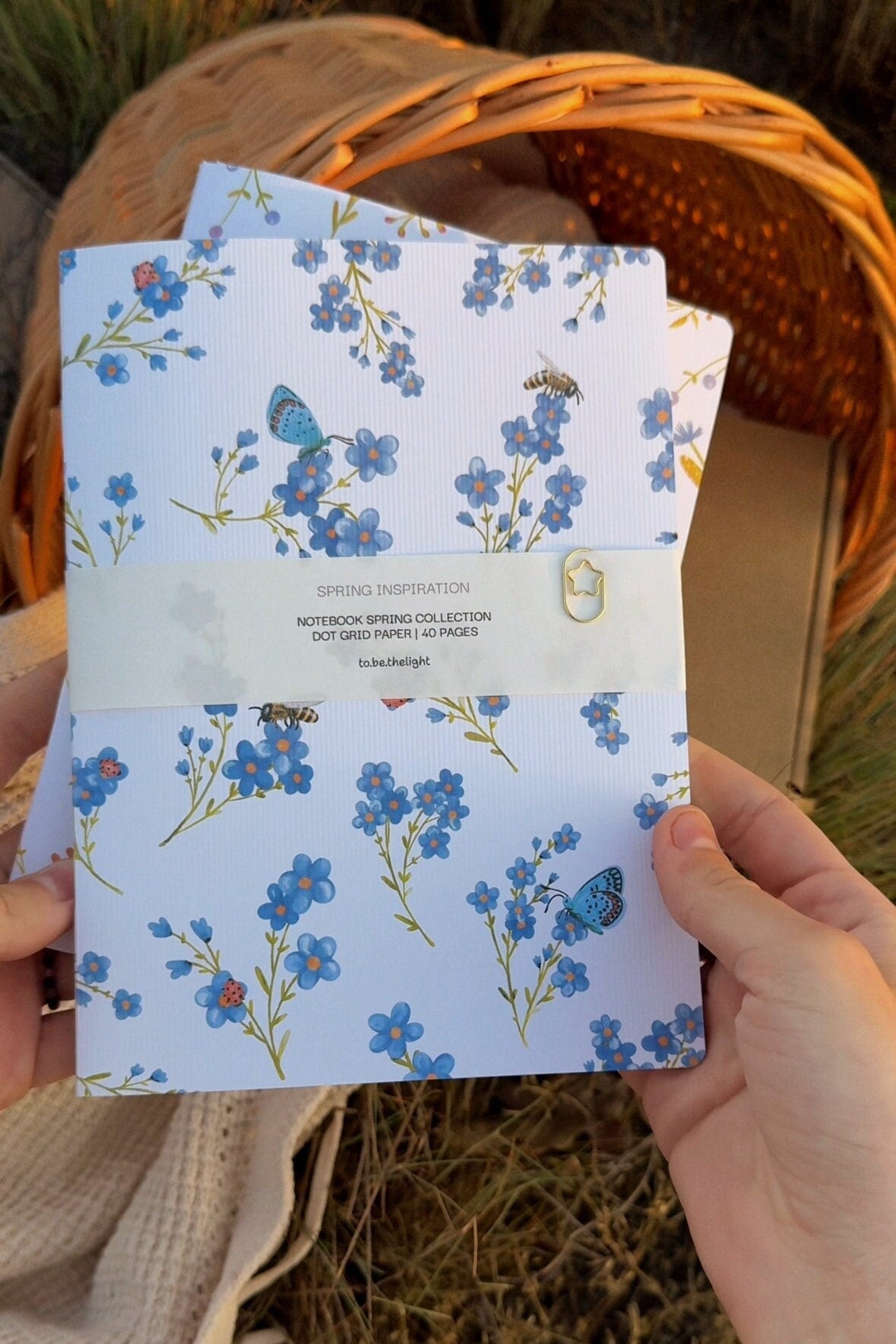 Handmade notebook A5, dot-grid journal with blue flowers