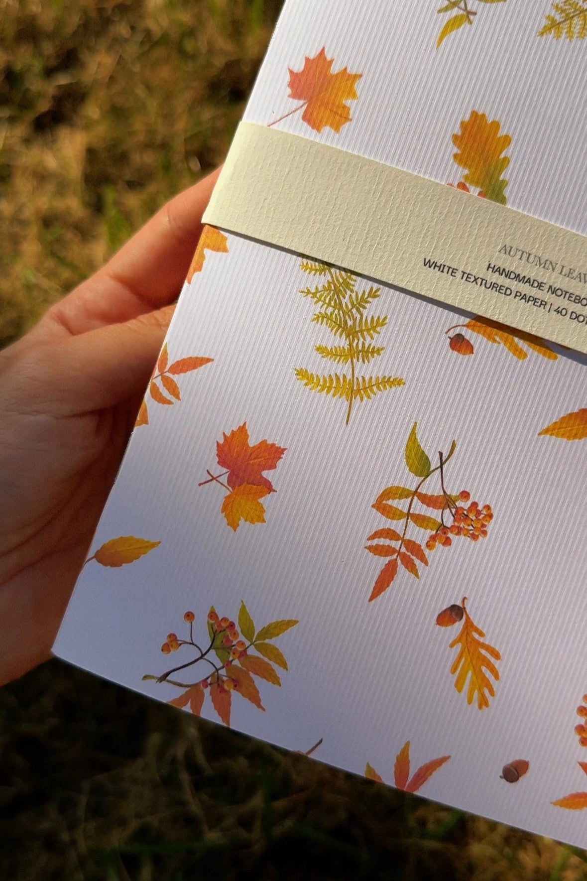 Handmade notebook A5, dot-grid journal with autumn leaves