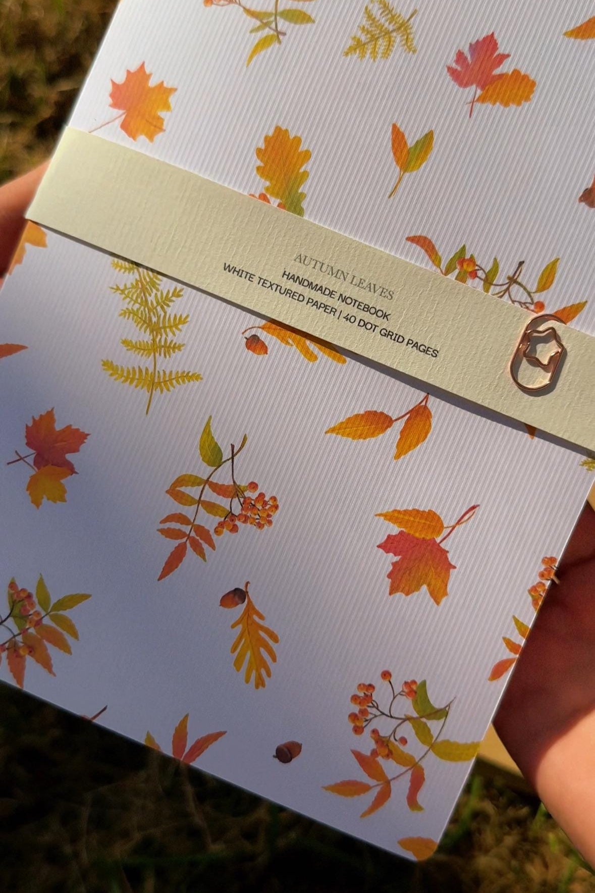 Handmade notebook A5, dot-grid journal with autumn leaves
