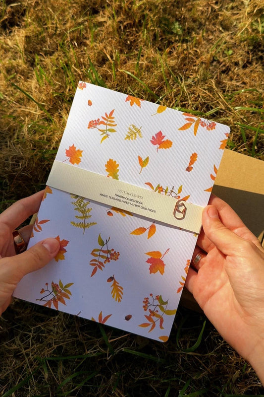 Handmade notebook A5, dot-grid journal with autumn leaves