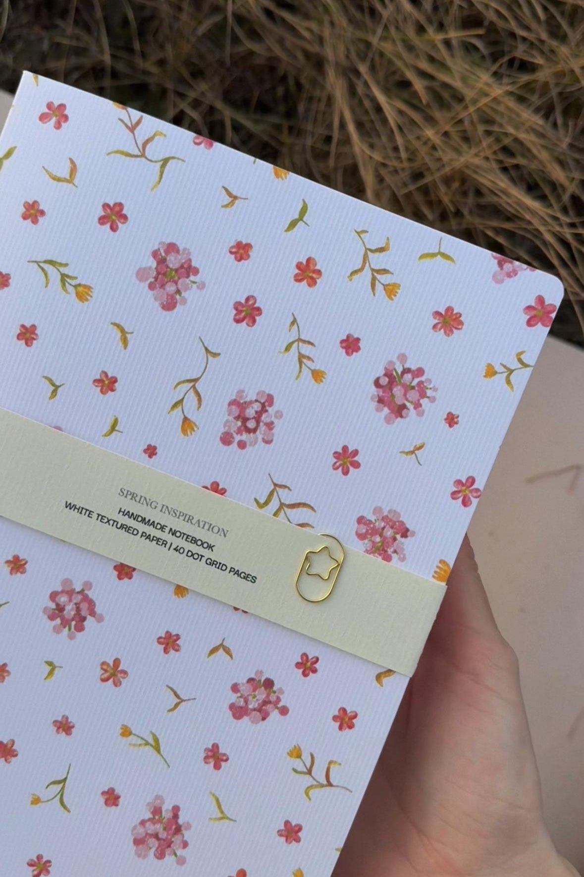 Handmade notebook A5, dot-grid journal with pink flowers
