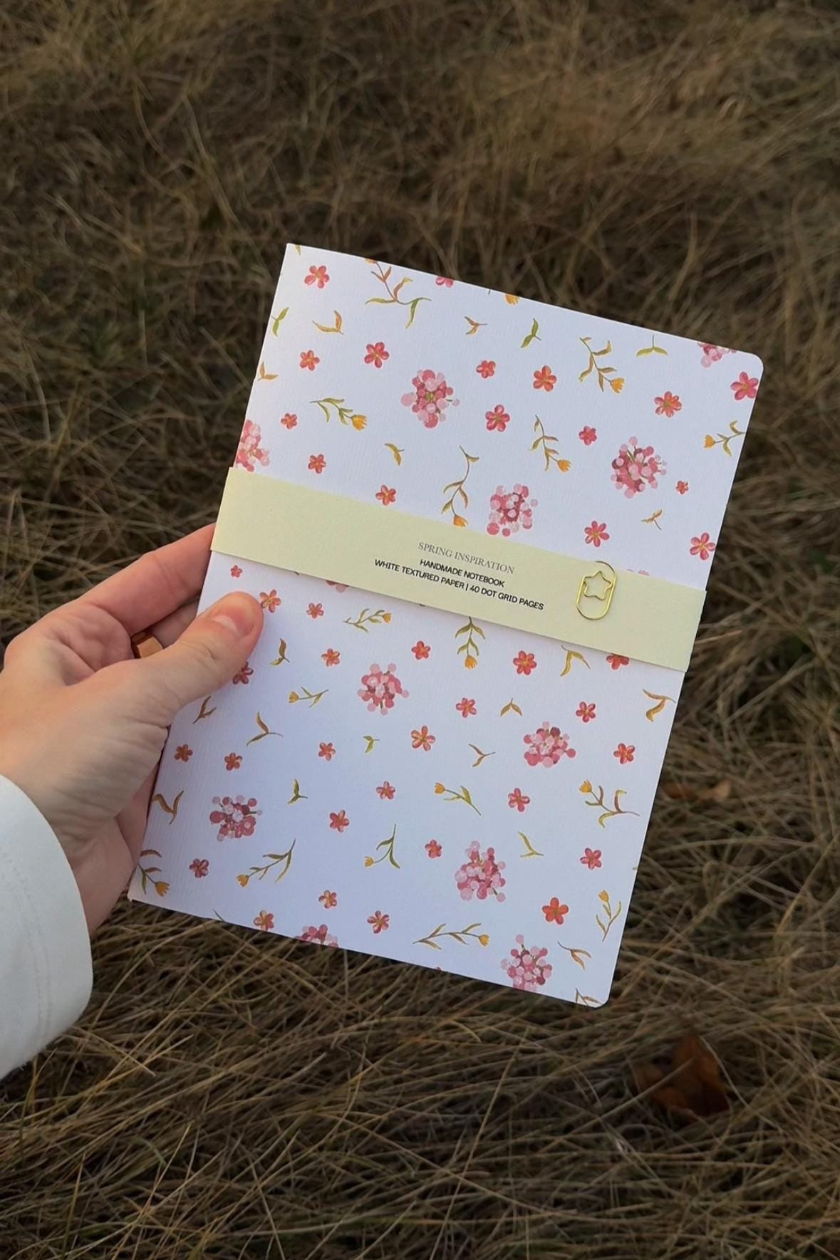 Handmade notebook A5, dot-grid journal with pink flowers