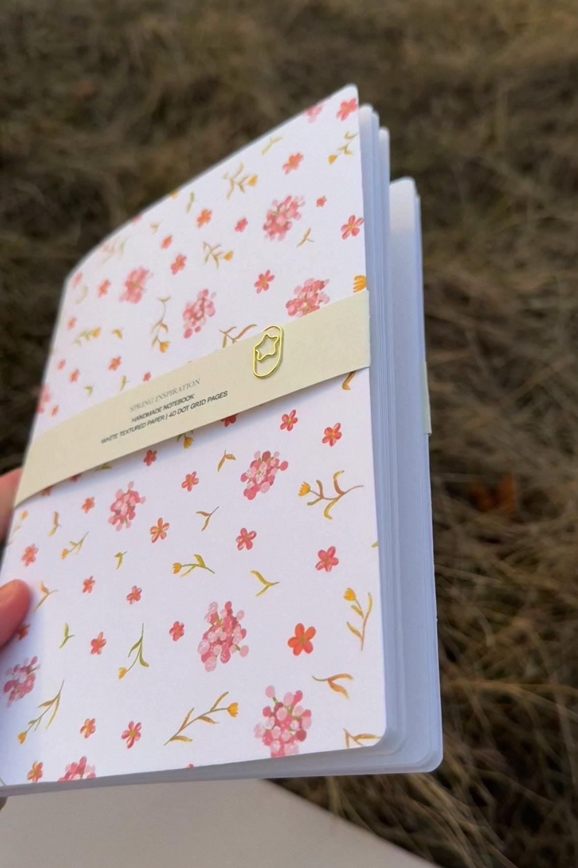 Handmade notebook A5, dot-grid journal with pink flowers