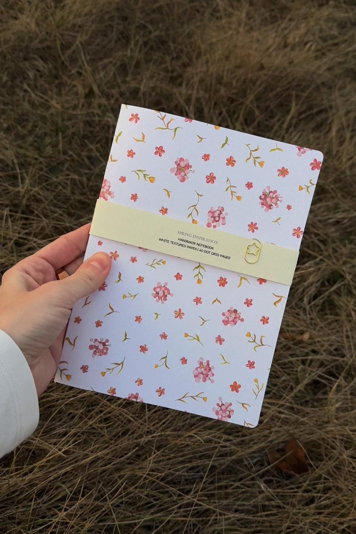 Handmade notebook A5, dot-grid journal with pink flowers