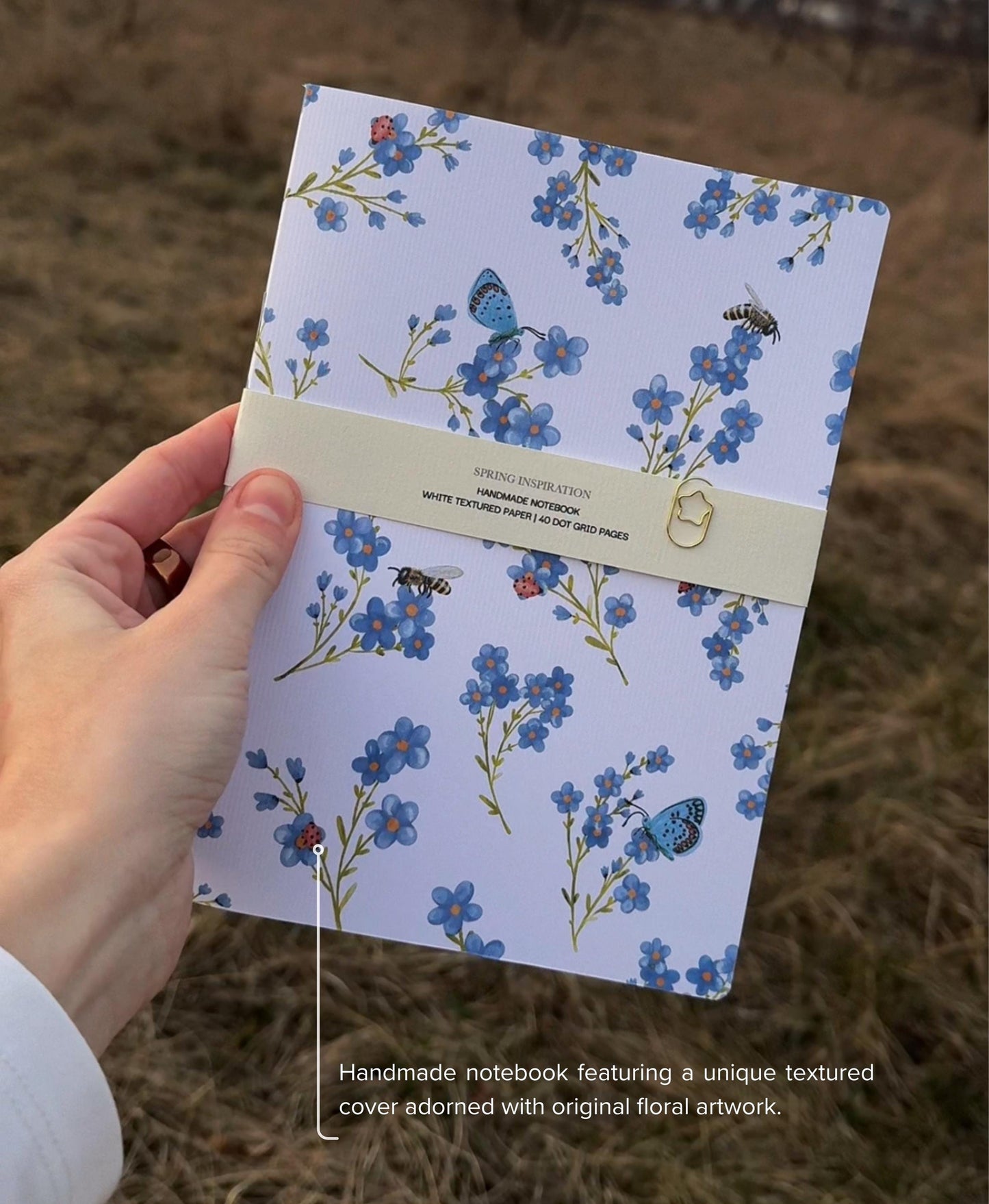 Handmade notebook A5, dot-grid journal with blue flowers