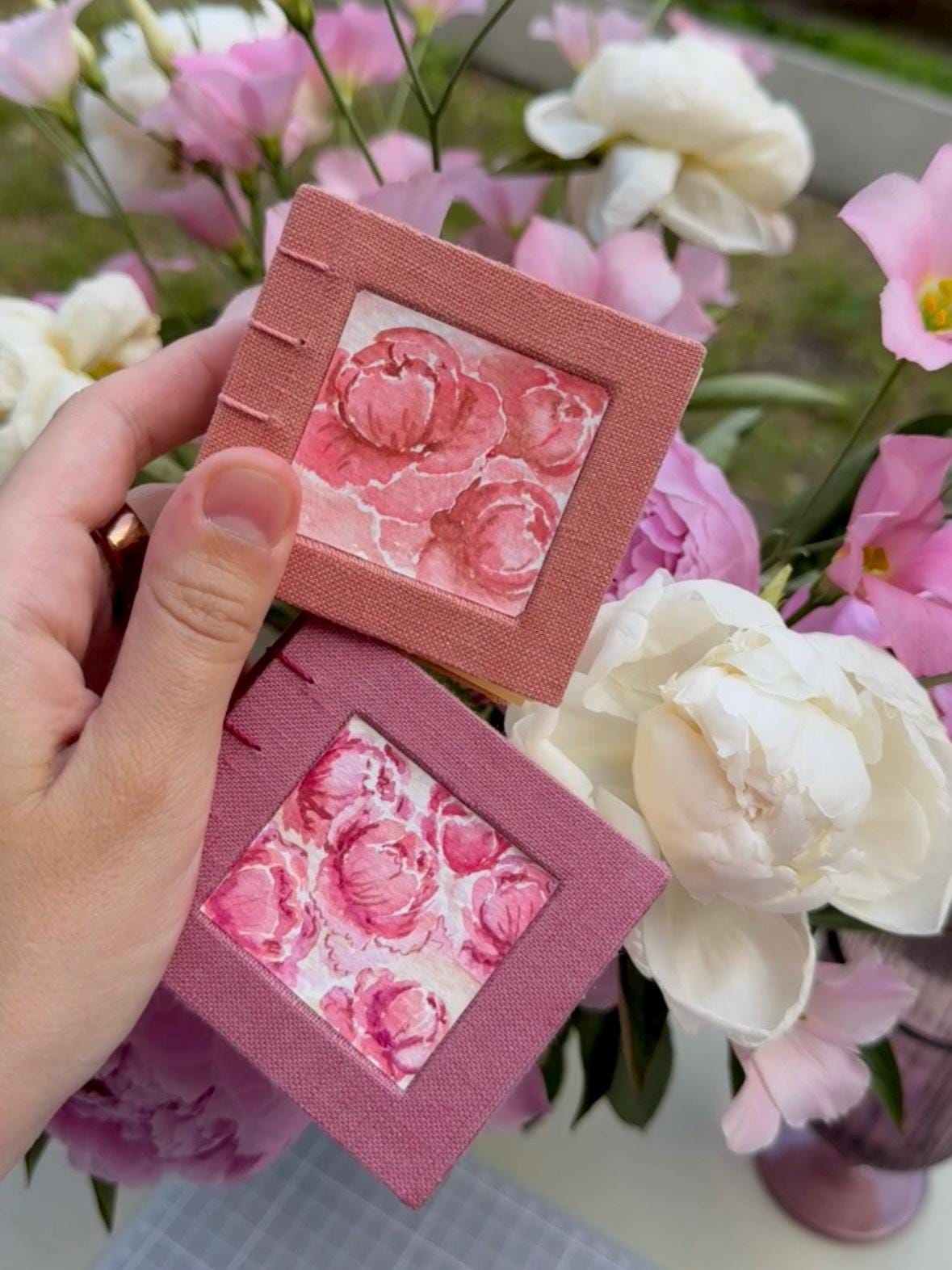 Small notebook with peony watercolour, sketchbook, mini photo book