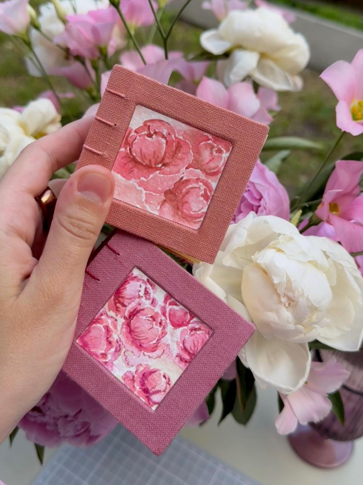 Small notebook with peony watercolour, sketchbook, mini photo book