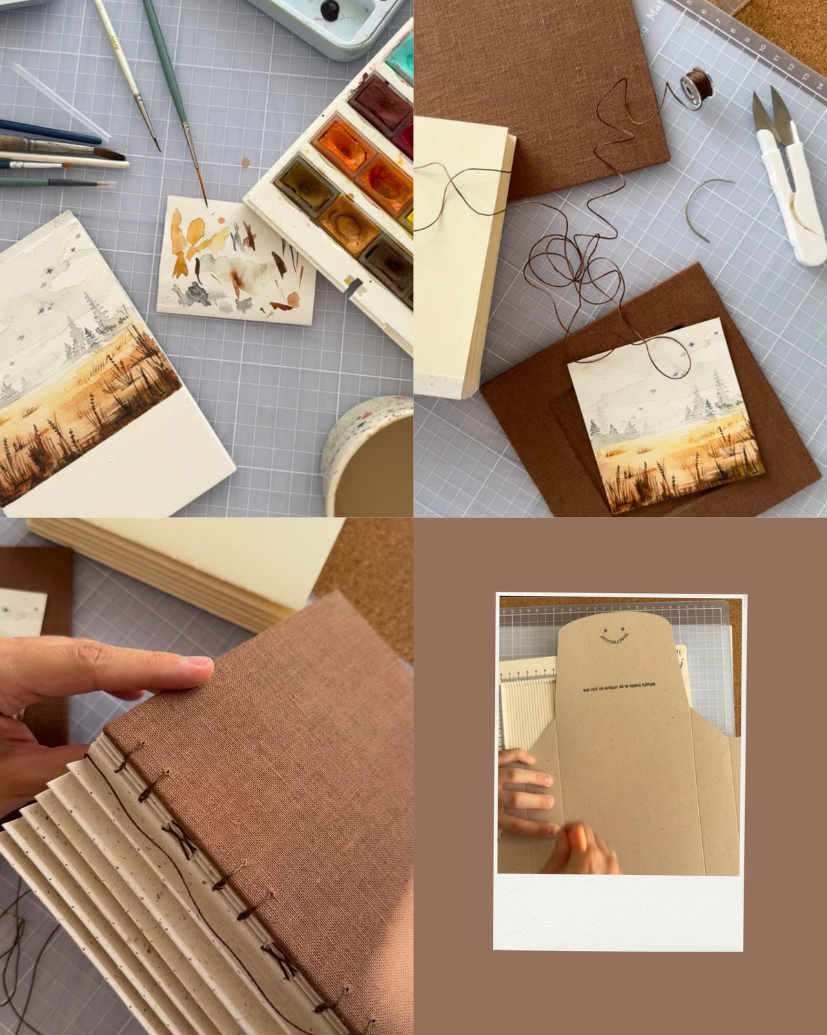 Handmade notebook with watercolor painting + postcard