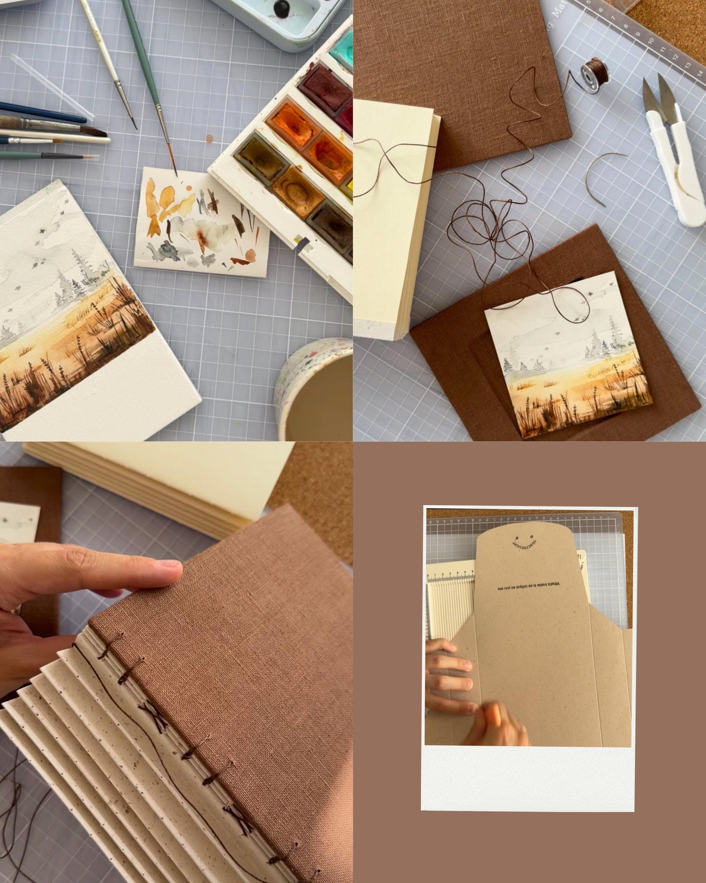 Handmade notebook with watercolor painting + postcard