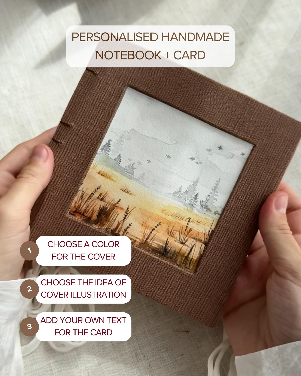 Personalized notebook with watercolor painting + postcard, custom unique gift
