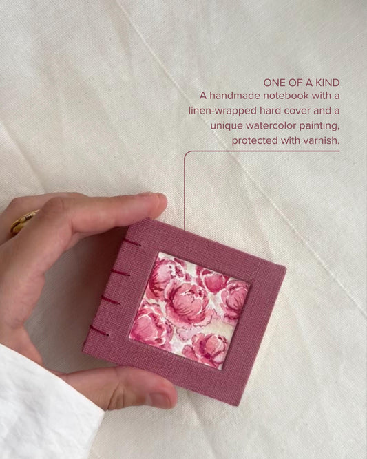 Small notebook with peony watercolour, sketchbook, mini photo book